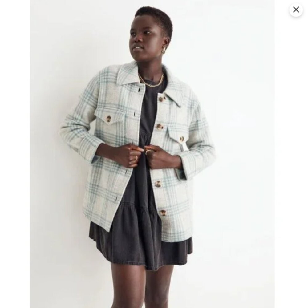 Madewell Boiled Wool Shirt-Jacket in Plaid Heather Lagoon - Size Large